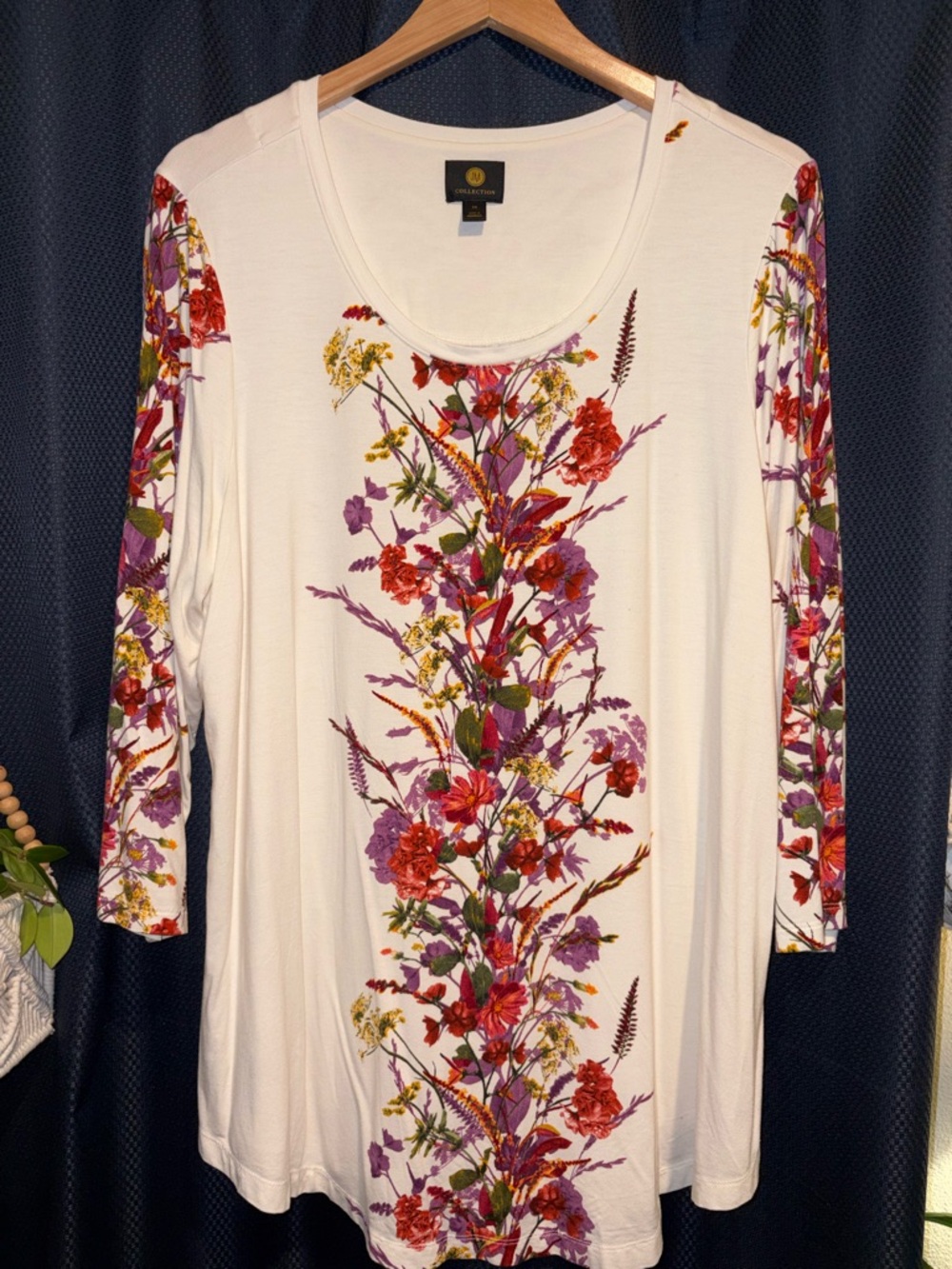 JM Collection Cream Tunic with Floral Design